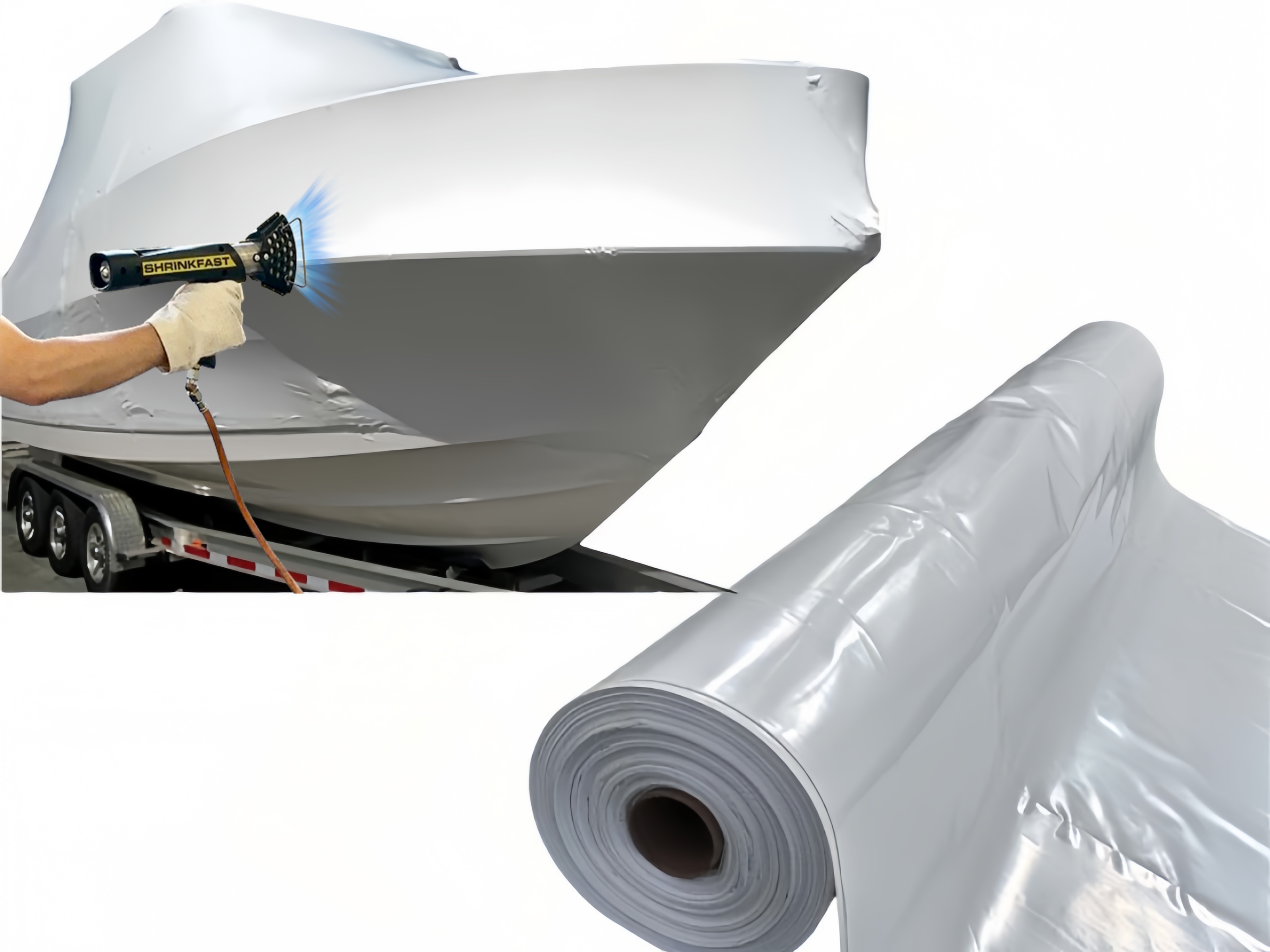 Boat being wrapped with heavy-duty PE heat shrink film for outdoor protection, using a heat shrink gun during application
