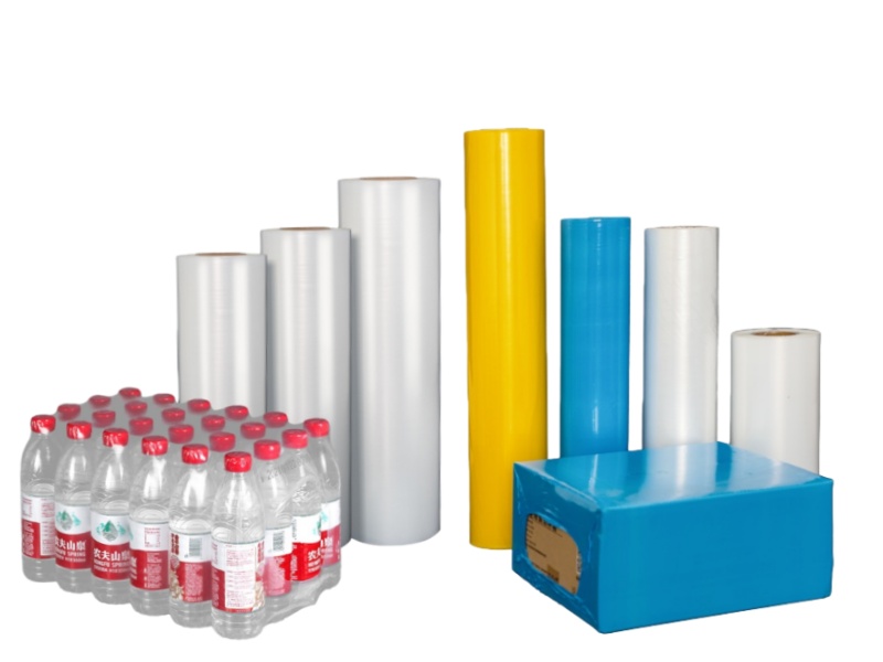 Sleeve shrink film rolls and bottled beverage multipacks wrapped with PE shrink film for hygienic and protective packaging